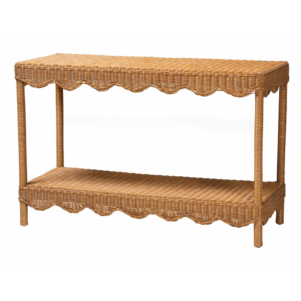Oteria Bohemian Light Honey Scalloped Rattan Console Table. Picture 1