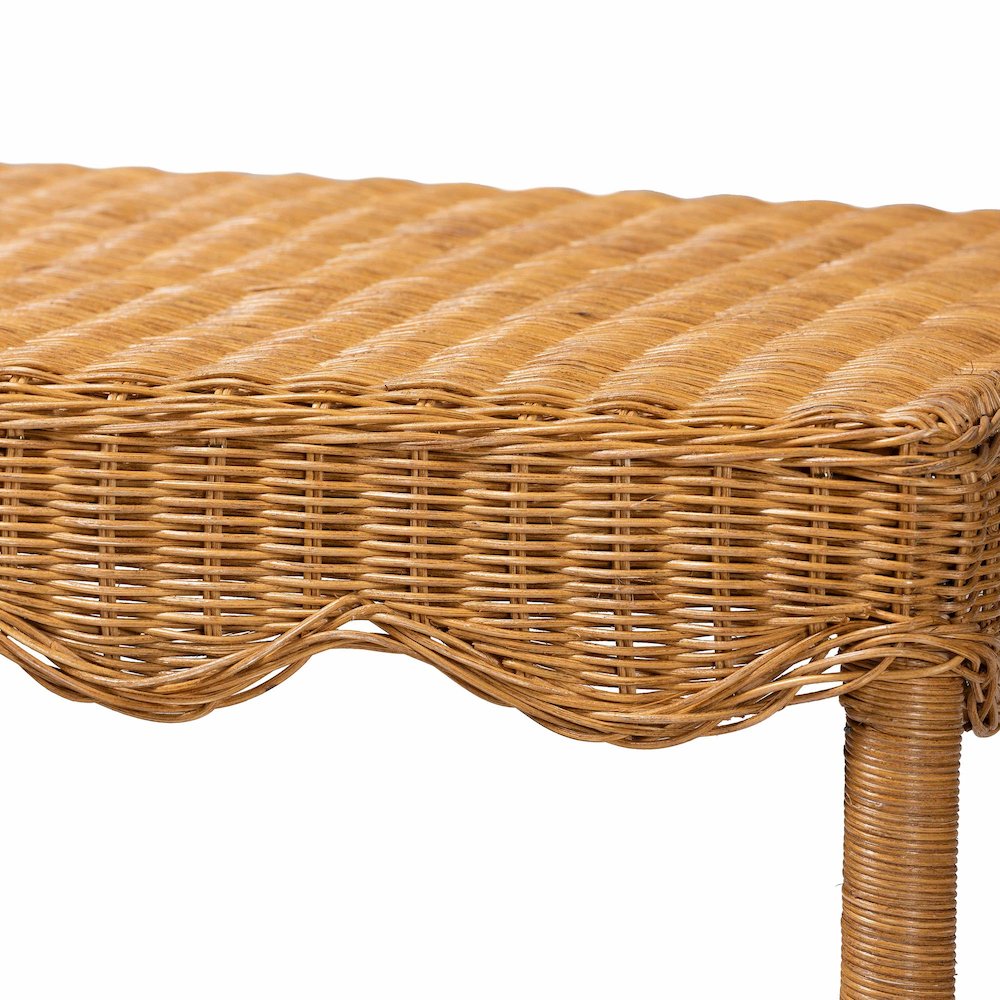 Oteria Bohemian Light Honey Scalloped Rattan Console Table. Picture 4