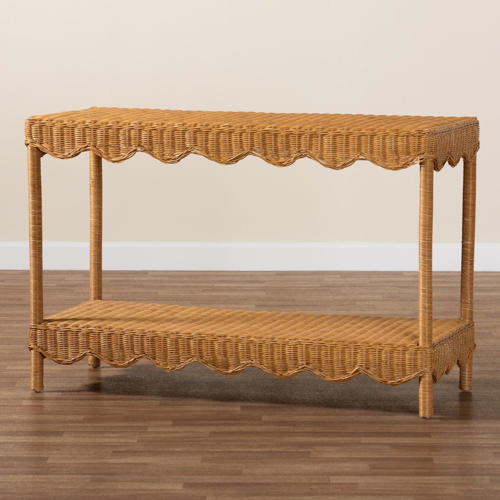 Oteria Bohemian Light Honey Scalloped Rattan Console Table. Picture 8