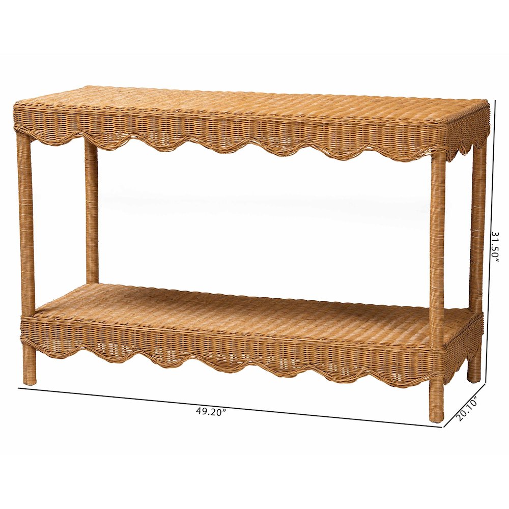 Oteria Bohemian Light Honey Scalloped Rattan Console Table. Picture 9