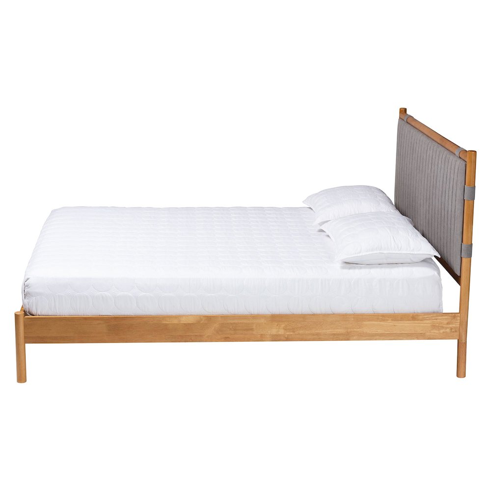 Jaiana Mid-Century Grey Fabric and Oak Brown Wood Queen Size Bed. Picture 2