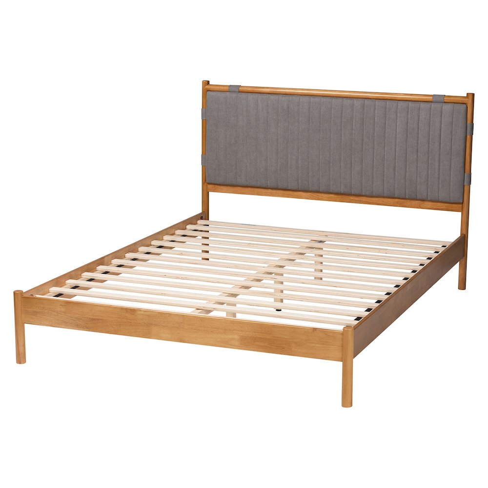 Jaiana Mid-Century Grey Fabric and Oak Brown Wood Queen Size Bed. Picture 3