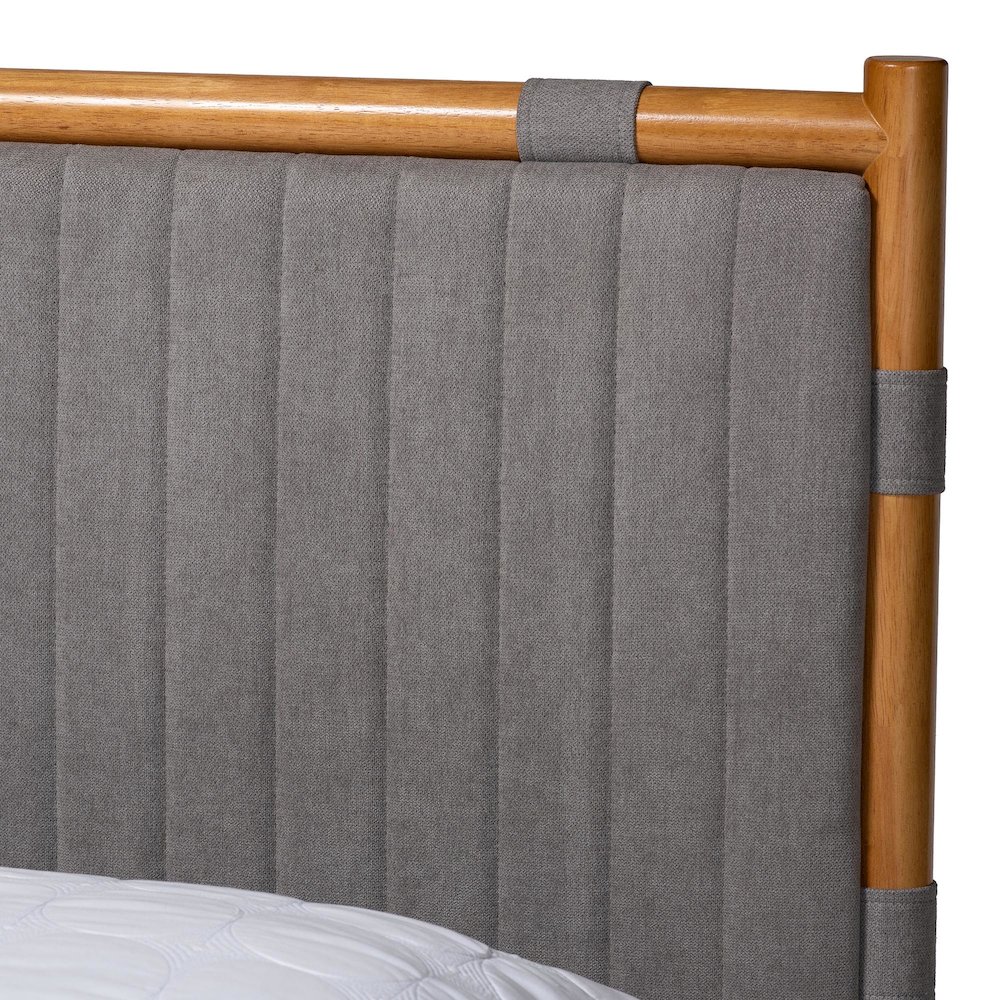 Jaiana Mid-Century Grey Fabric and Oak Brown Wood Queen Size Bed. Picture 4