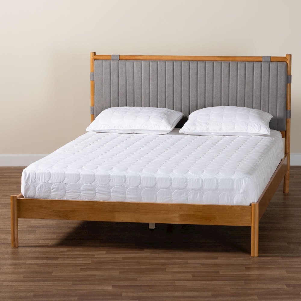 Jaiana Mid-Century Grey Fabric and Oak Brown Wood Queen Size Bed. Picture 8
