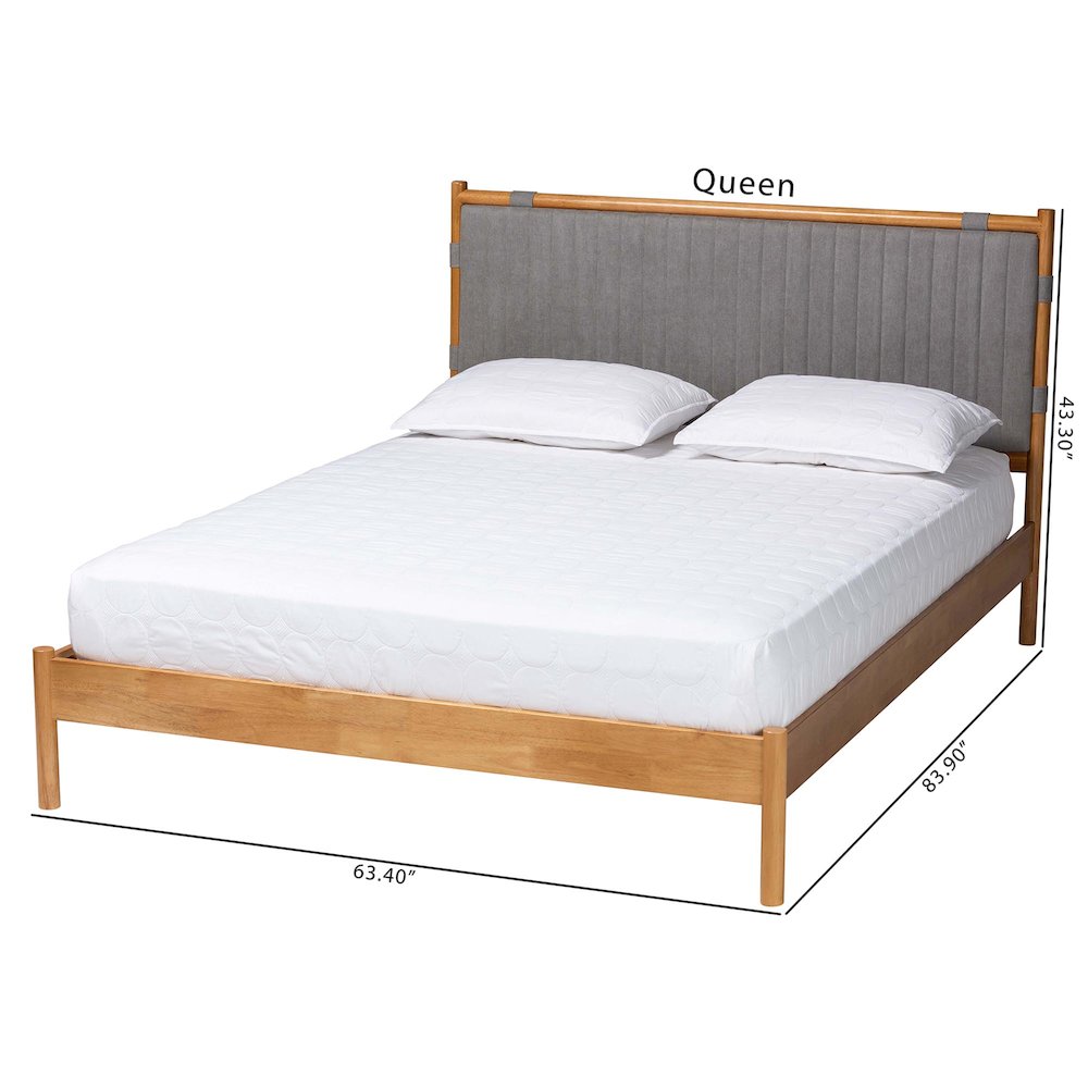 Jaiana Mid-Century Grey Fabric and Oak Brown Wood Queen Size Bed. Picture 9
