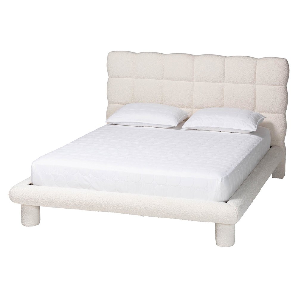Ralayna Modern Luxe Ivory Boucle Fabric Queen Size Bed. Picture 1