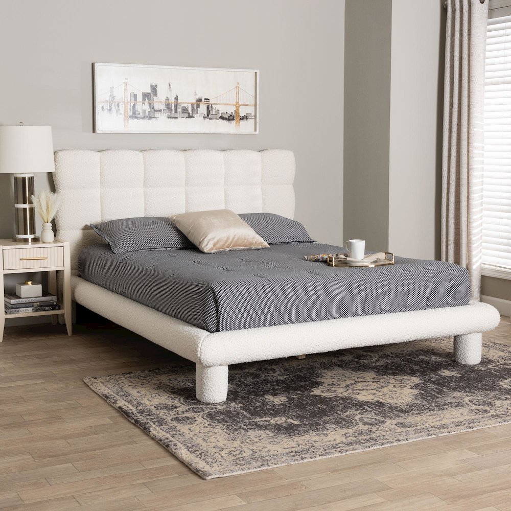 Ralayna Modern Luxe Ivory Boucle Fabric Queen Size Bed. Picture 7