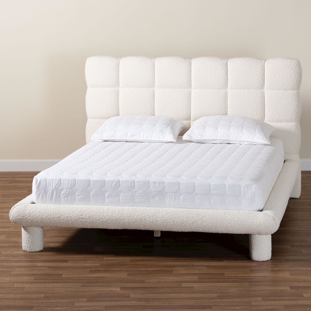 Ralayna Modern Luxe Ivory Boucle Fabric Queen Size Bed. Picture 8