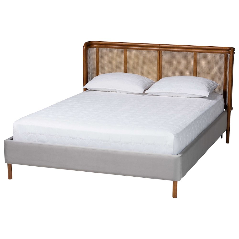 Harrell Mid-Century Modern Grey Velvet and Woven Rattan Wood Queen Size Bed. Picture 1