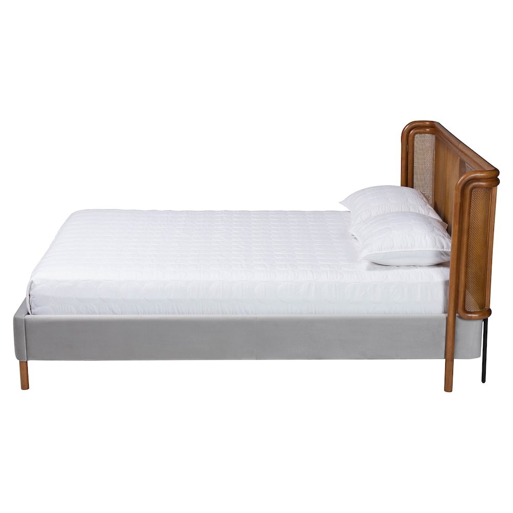 Harrell Mid-Century Modern Grey Velvet and Woven Rattan Wood Queen Size Bed. Picture 2