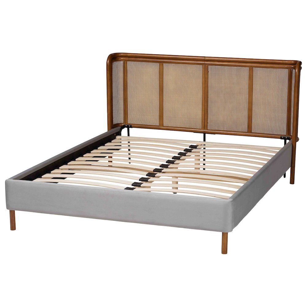 Harrell Mid-Century Modern Grey Velvet and Woven Rattan Wood Queen Size Bed. Picture 3