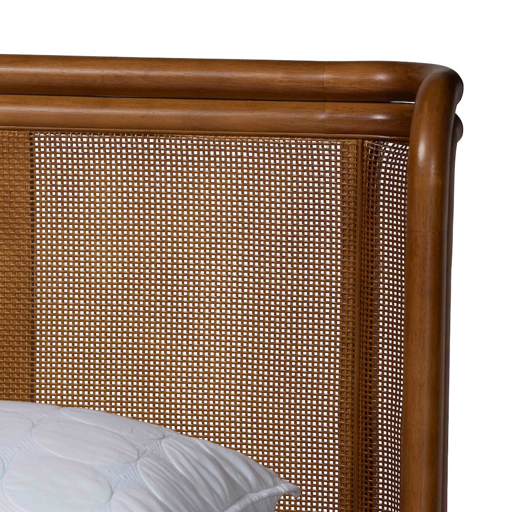 Harrell Mid-Century Modern Grey Velvet and Woven Rattan Wood Queen Size Bed. Picture 4