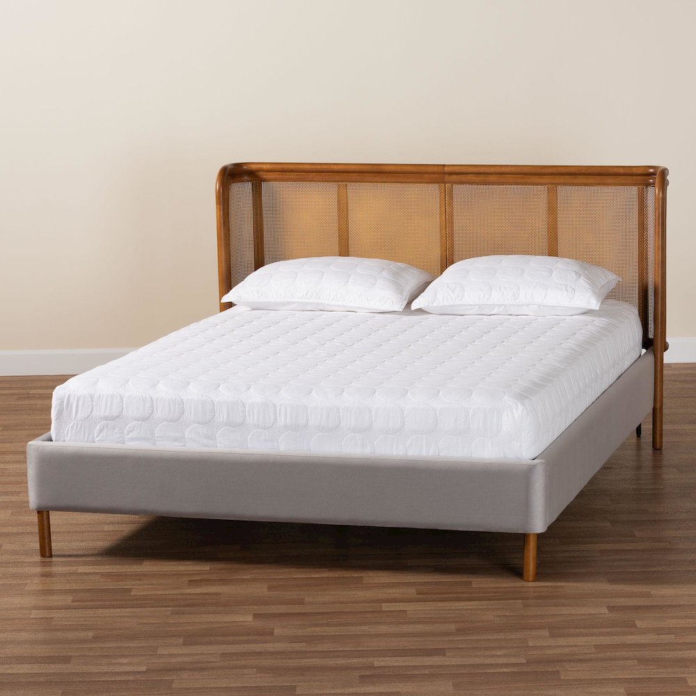 Harrell Mid-Century Modern Grey Velvet and Woven Rattan Wood Queen Size Bed. Picture 8
