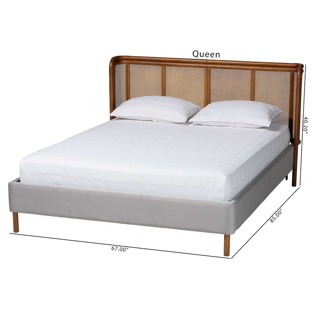 Harrell Mid-Century Modern Grey Velvet and Woven Rattan Wood Queen Size Bed. Picture 9