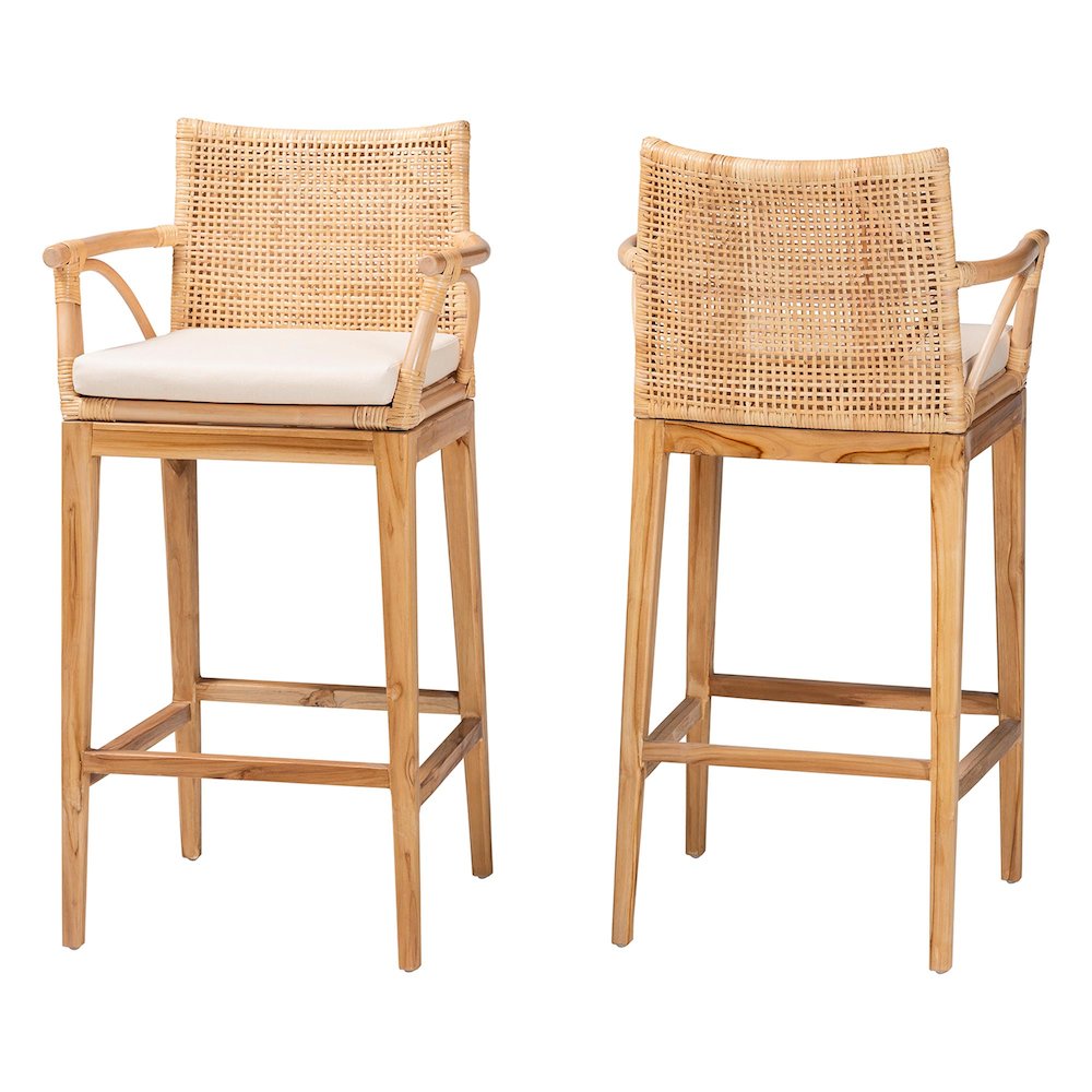 Storsel Bohemian Natural Rattan and Teak Wood 2-Piece Bar Stool Set. Picture 1