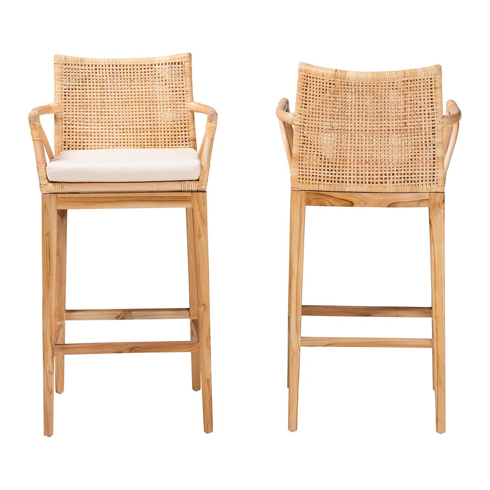Storsel Bohemian Natural Rattan and Teak Wood 2-Piece Bar Stool Set. Picture 2