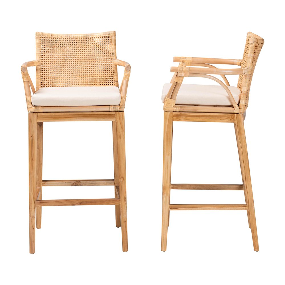 Storsel Bohemian Natural Rattan and Teak Wood 2-Piece Bar Stool Set. Picture 3