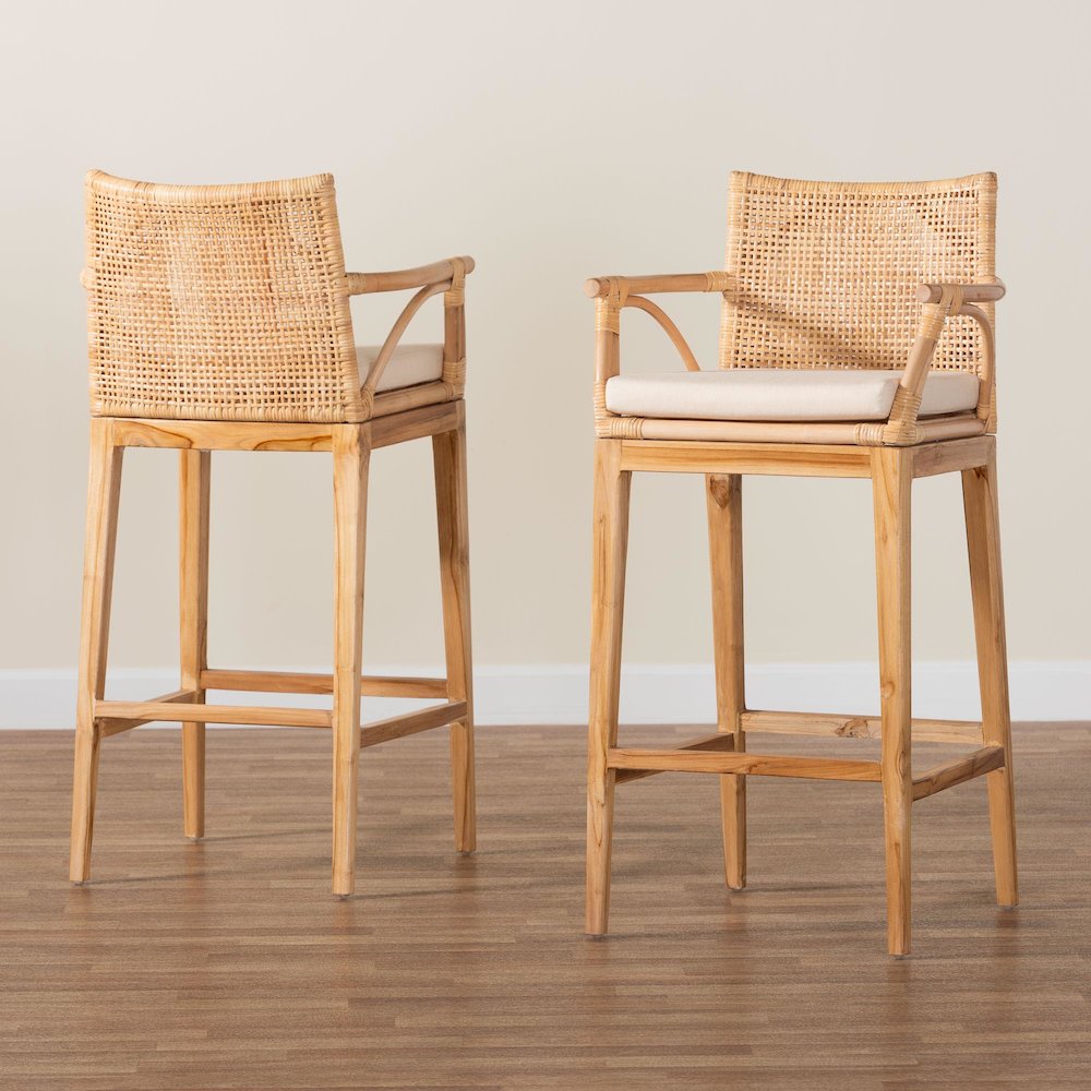 Storsel Bohemian Natural Rattan and Teak Wood 2-Piece Bar Stool Set. Picture 8