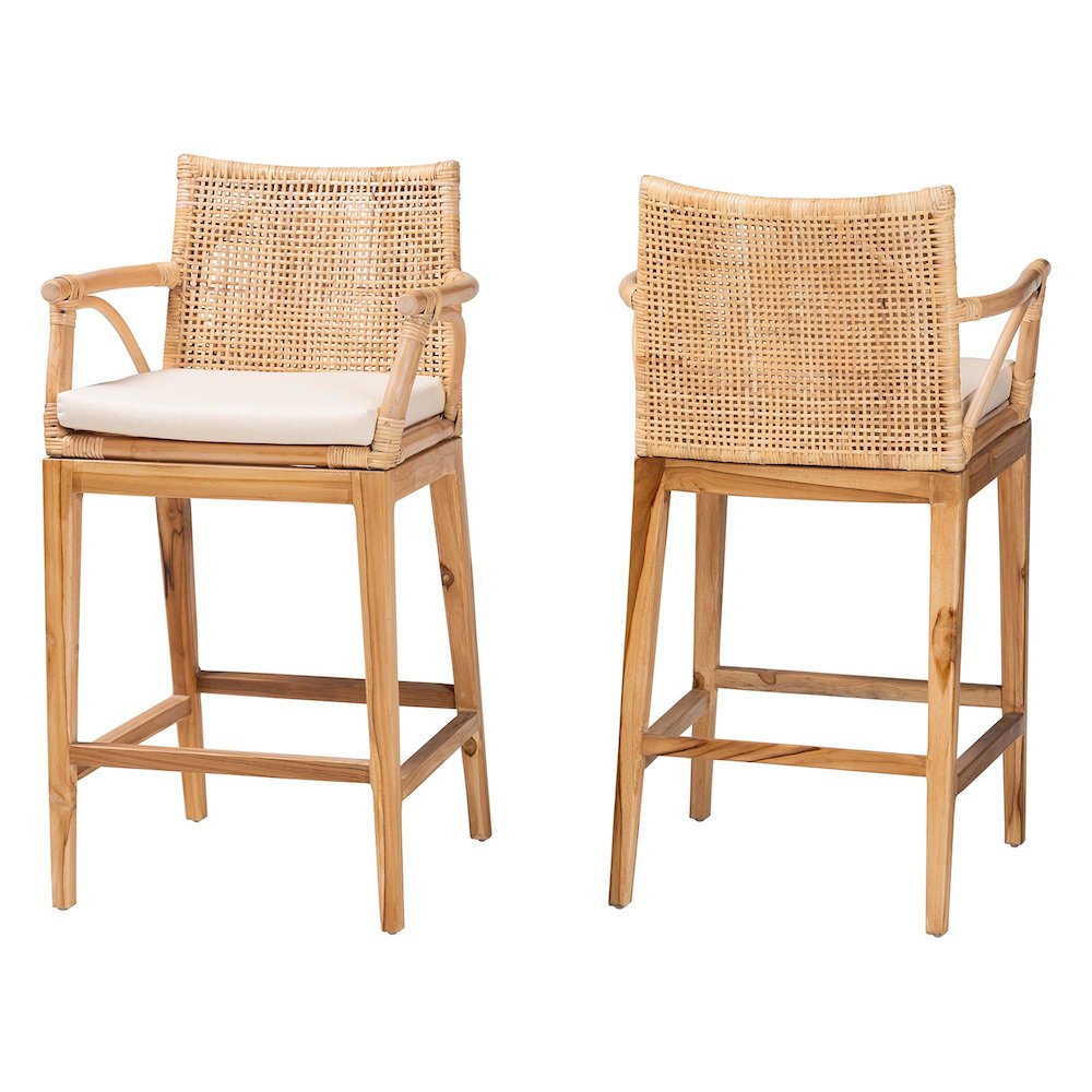 Storsel Bohemian Natural Rattan and Teak Wood 2-Piece Counter Stool Set. Picture 1