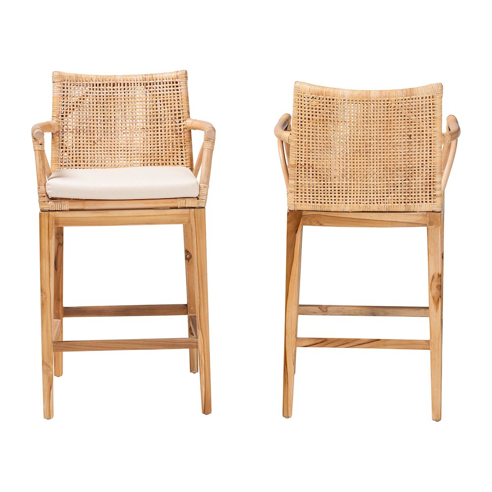 Storsel Bohemian Natural Rattan and Teak Wood 2-Piece Counter Stool Set. Picture 2