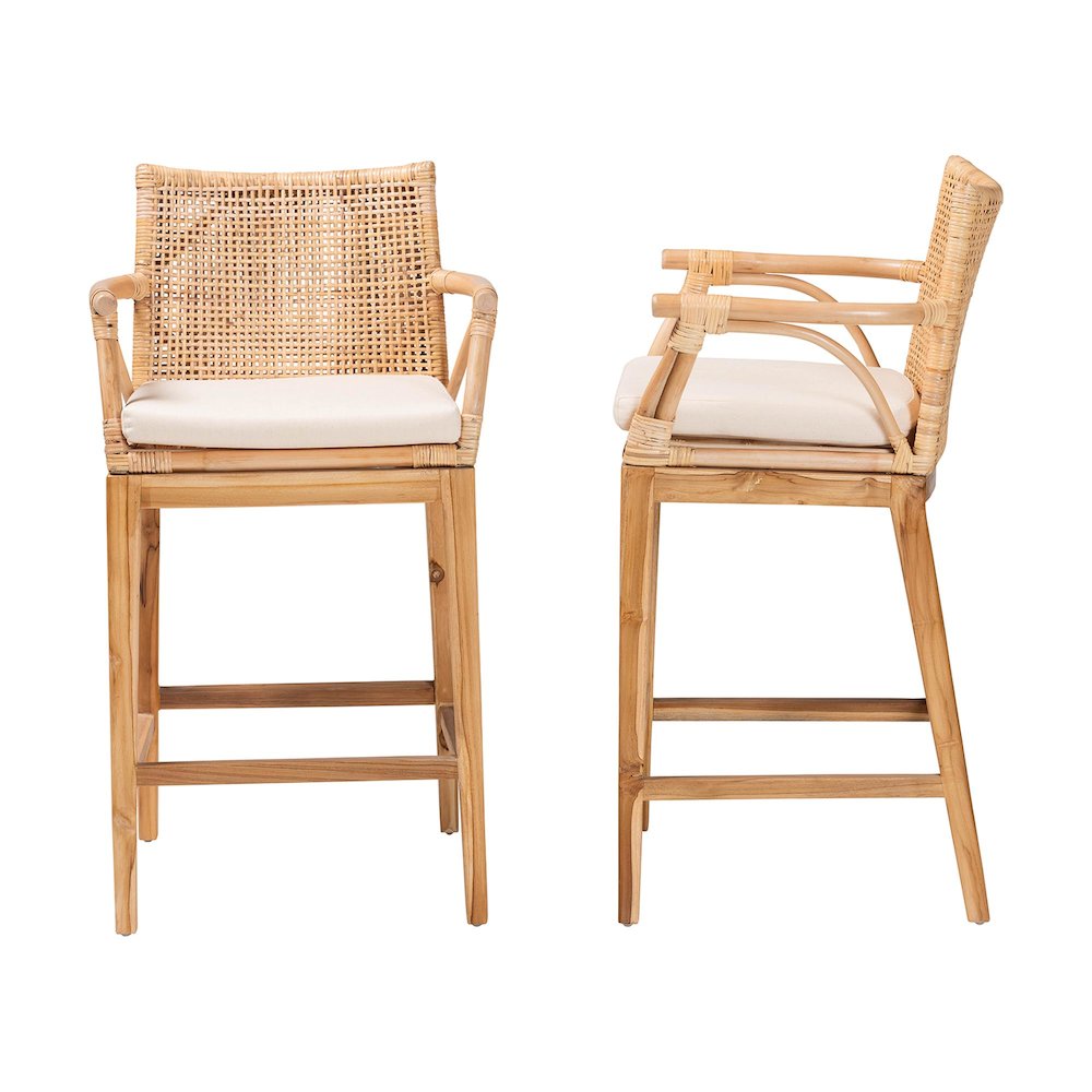 Storsel Bohemian Natural Rattan and Teak Wood 2-Piece Counter Stool Set. Picture 3