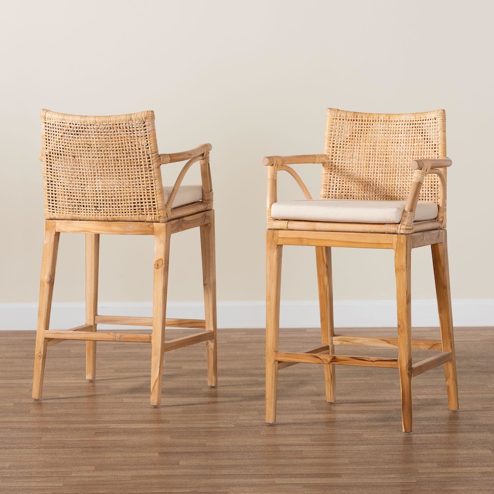 Storsel Bohemian Natural Rattan and Teak Wood 2-Piece Counter Stool Set. Picture 6