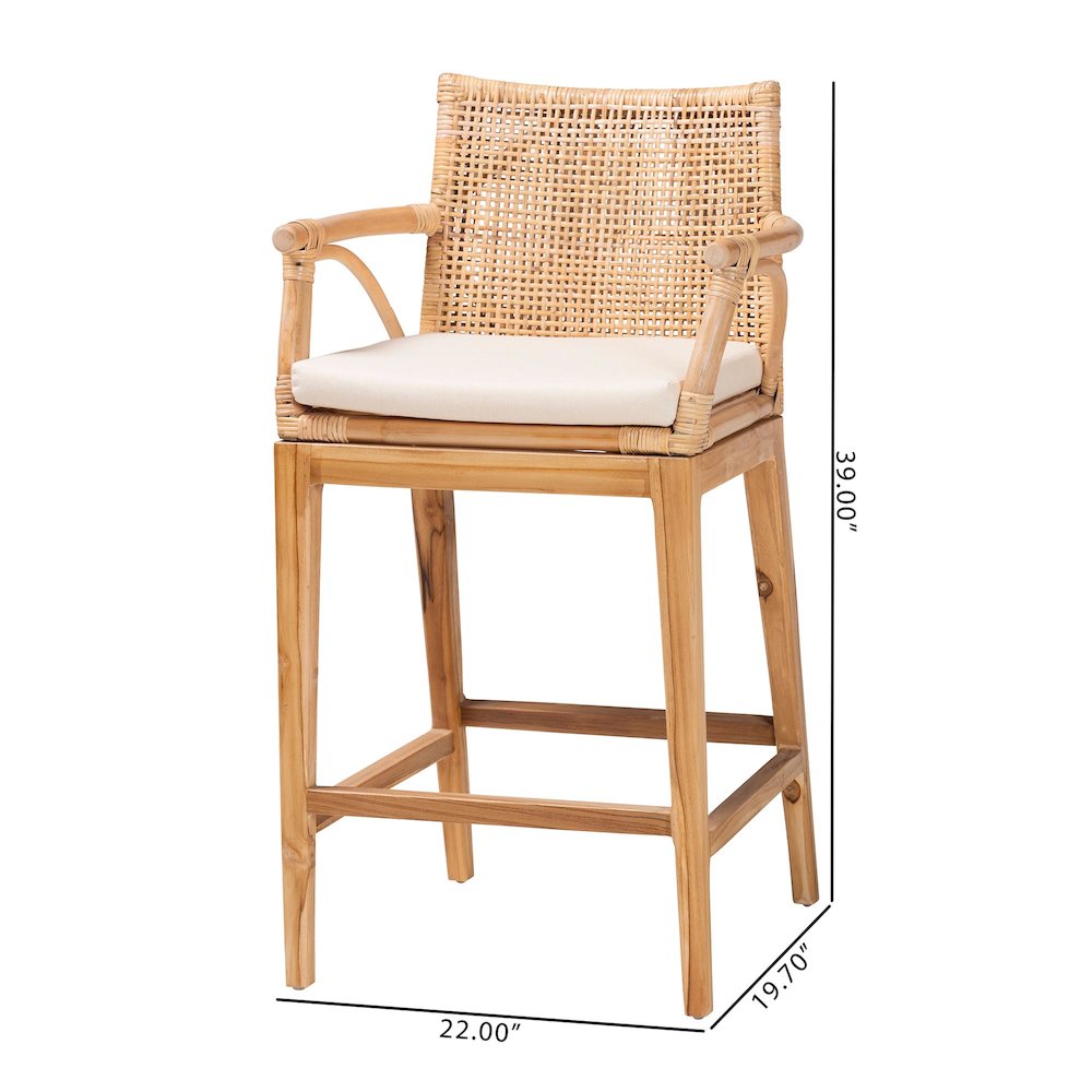 Storsel Bohemian Natural Rattan and Teak Wood 2-Piece Counter Stool Set. Picture 7