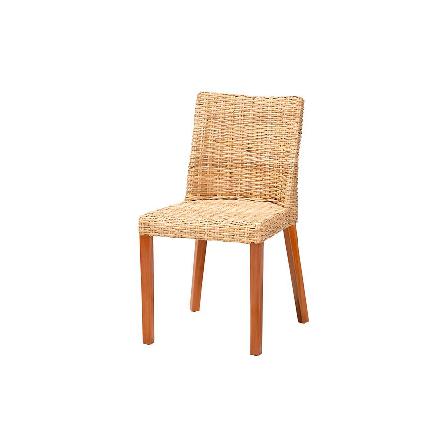 Rowen Bohemian Light Honey Kubu Rattan and Mahogany Wood Dining Chair. Picture 1