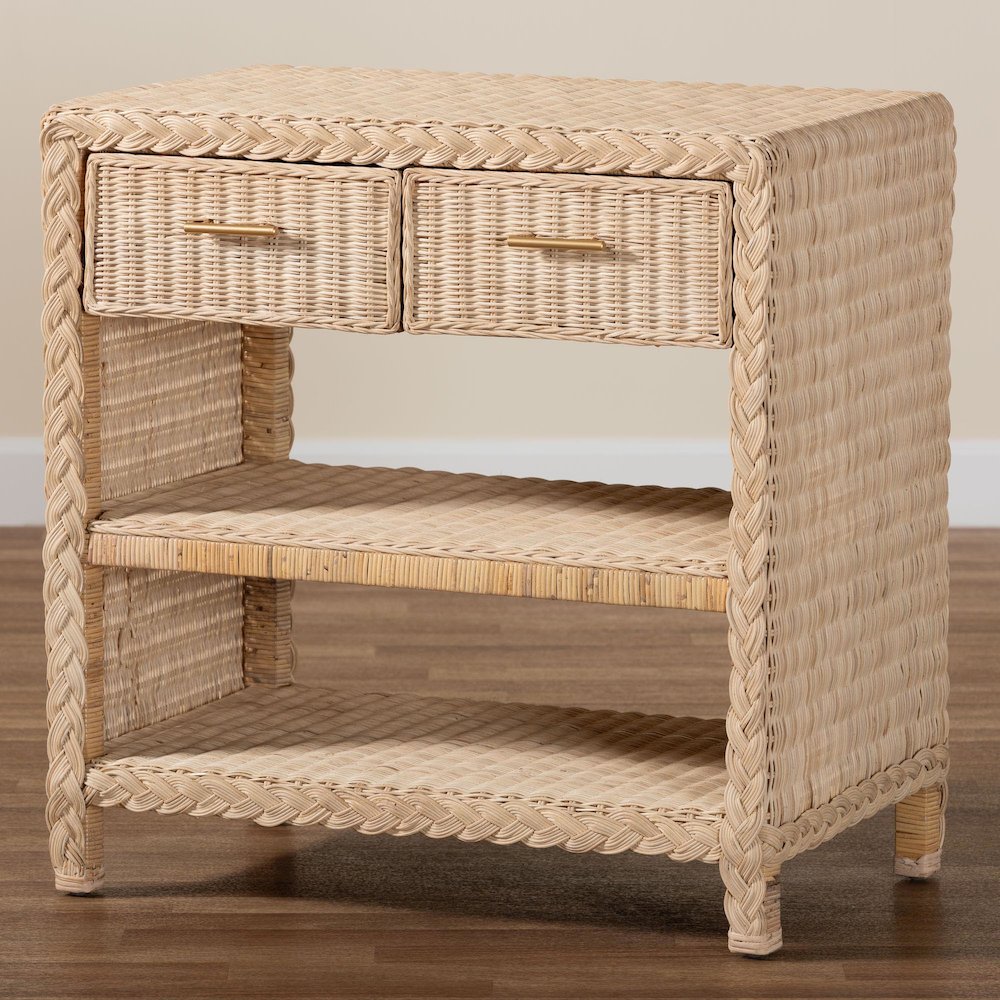 Lanica Japandi Sun Bleached Rattan 2-Drawer Console Table. Picture 10