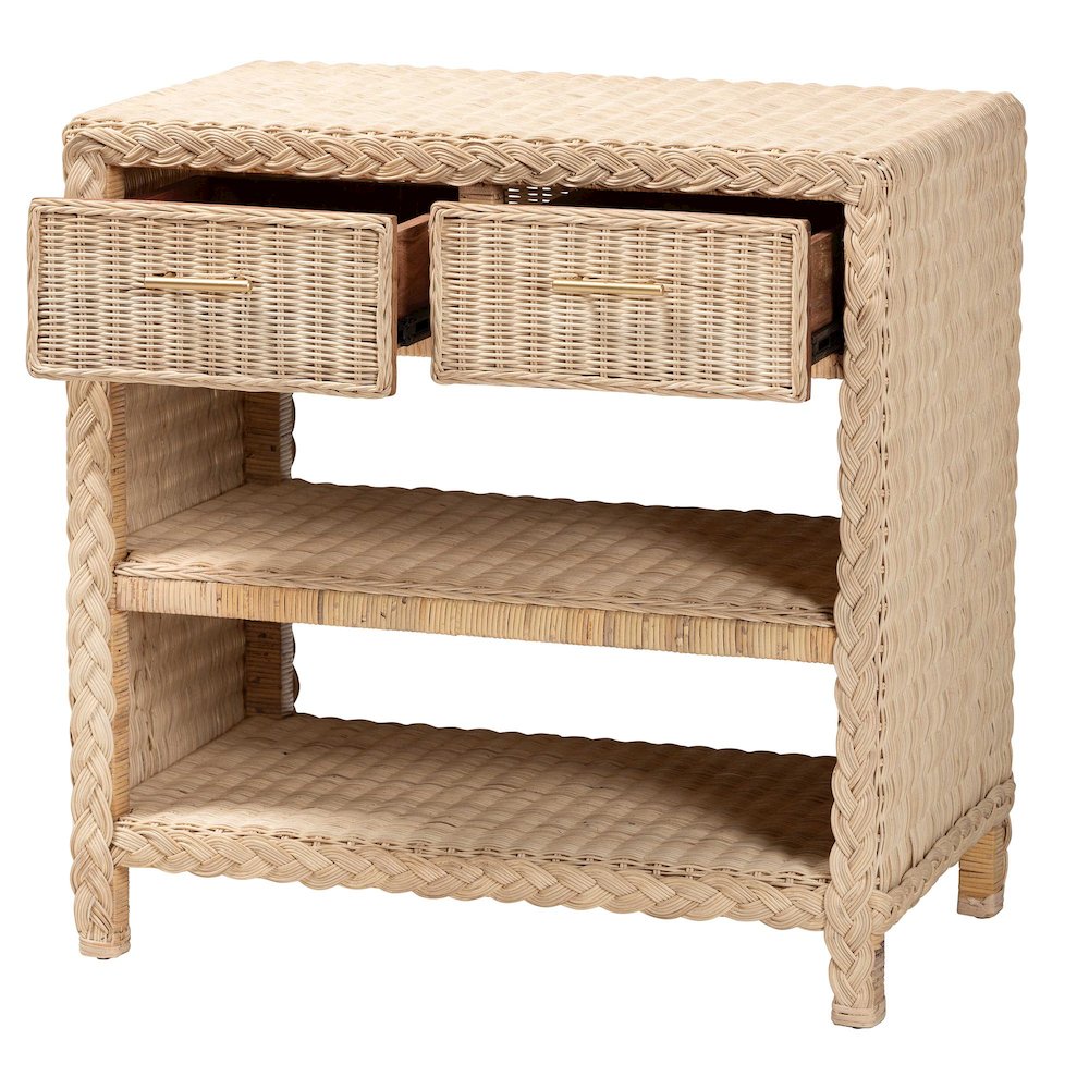 Lanica Japandi Sun Bleached Rattan 2-Drawer Console Table. Picture 2