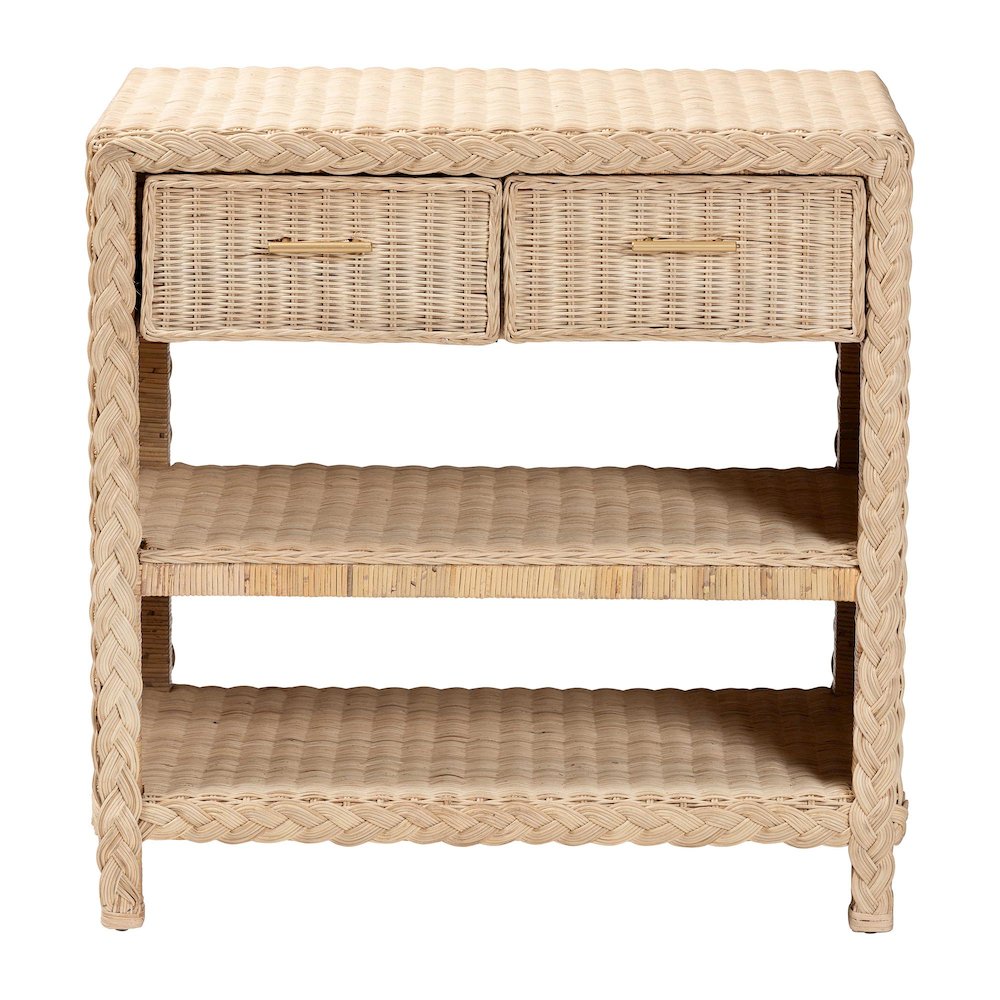 Lanica Japandi Sun Bleached Rattan 2-Drawer Console Table. Picture 3