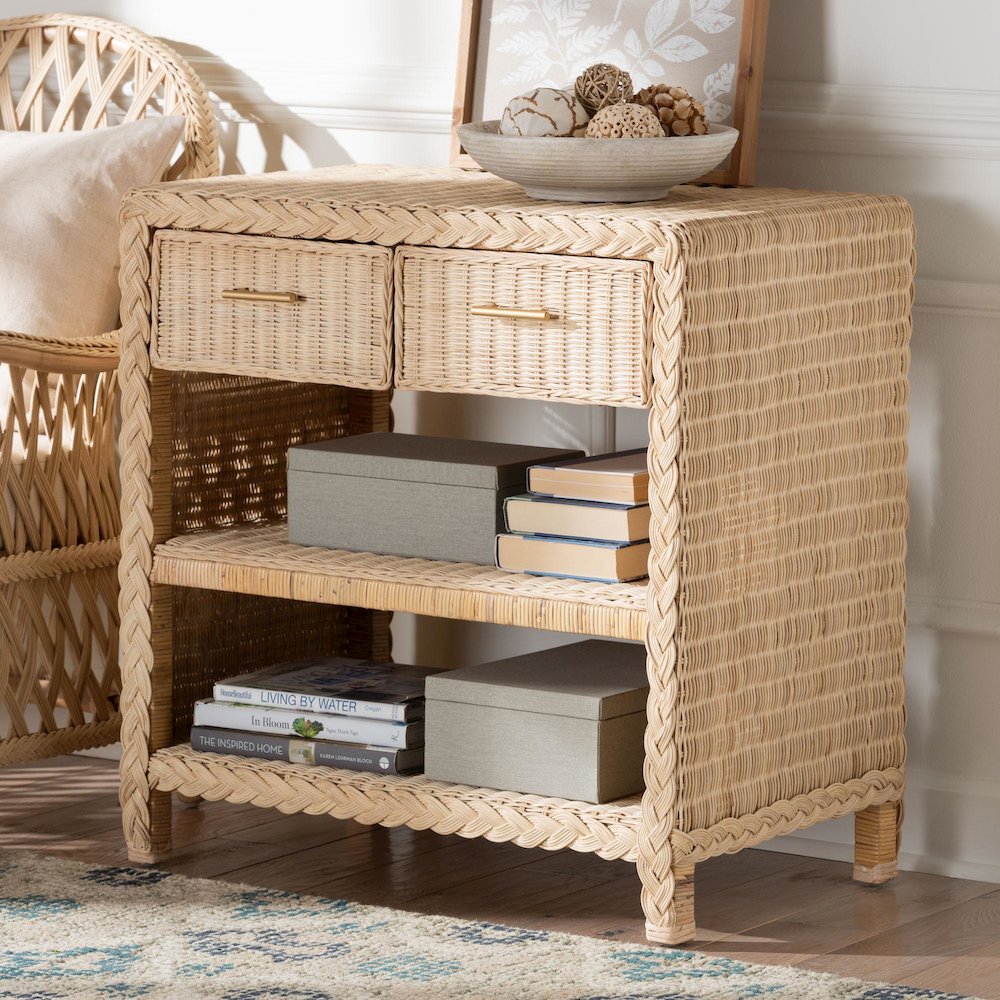 Lanica Japandi Sun Bleached Rattan 2-Drawer Console Table. Picture 9