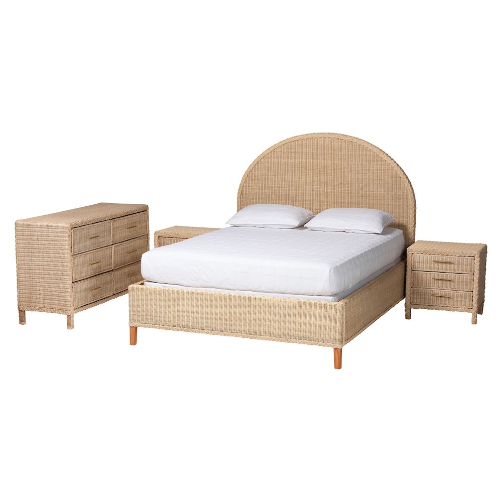 Lanica Japandi Sun-Bleached Braided Rattan Queen Size 4-Piece Bedroom Set. Picture 1