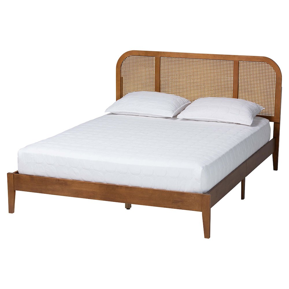 Fleur Mid-Century Woven Rattan Wood Queen Size Bed. Picture 1