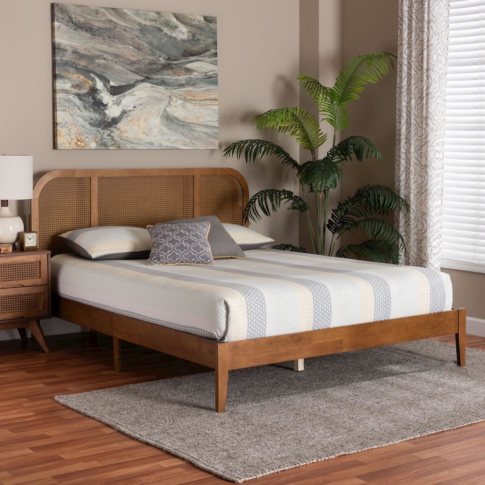 Fleur Mid-Century Woven Rattan Wood Queen Size Bed. Picture 7