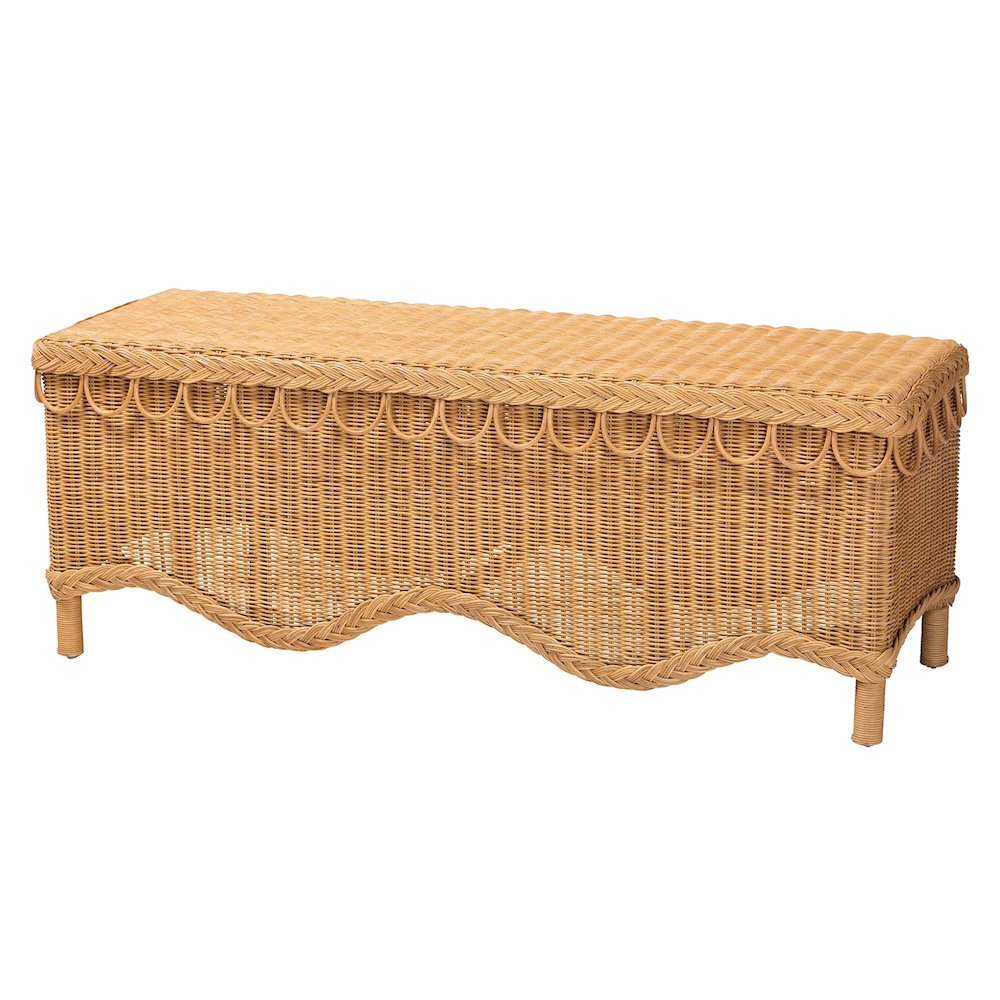 Erla Bohemian Light Honey Rattan Accent Bench with Scallop border. Picture 1