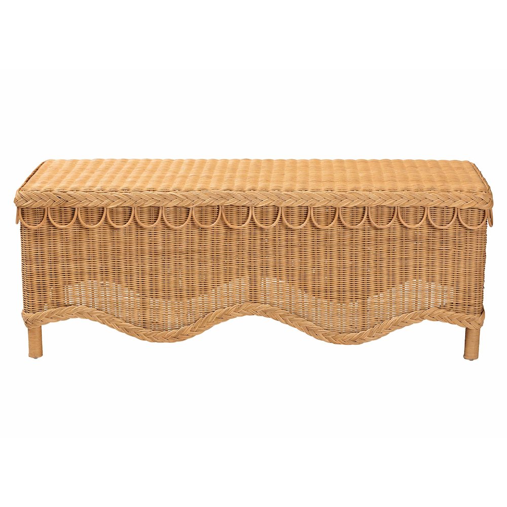 Erla Bohemian Light Honey Rattan Accent Bench with Scallop border. Picture 2