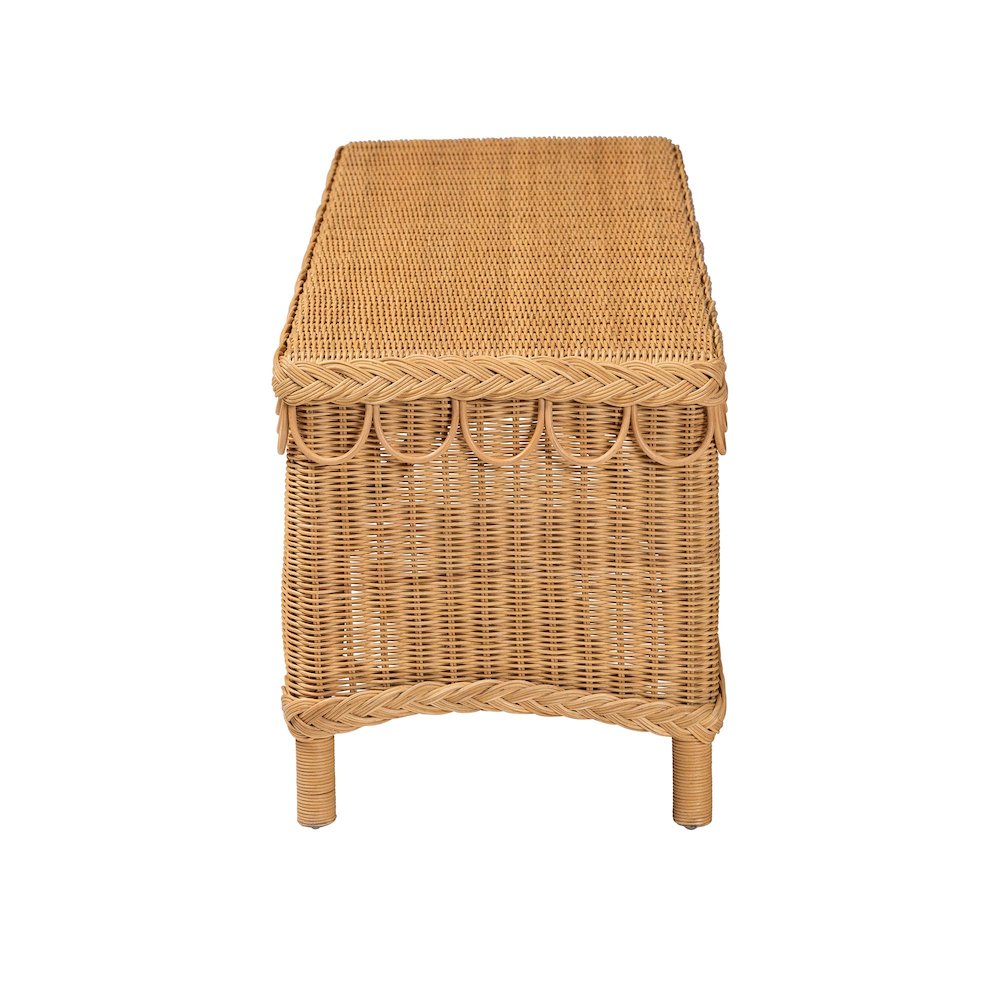 Erla Bohemian Light Honey Rattan Accent Bench with Scallop border. Picture 3