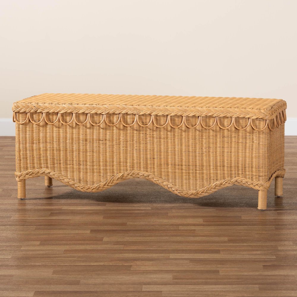 Erla Bohemian Light Honey Rattan Accent Bench with Scallop border. Picture 8