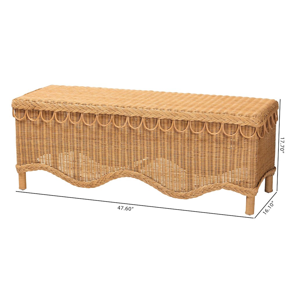 Erla Bohemian Light Honey Rattan Accent Bench with Scallop border. Picture 6