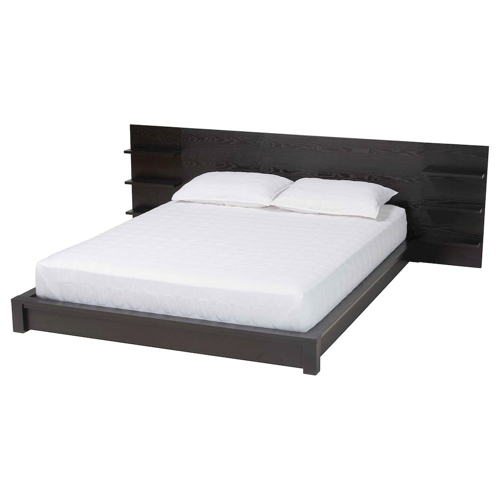 Elina Modern Ebony Black Wood Queen Size Platform Bed with Built-In Shelves. Picture 1