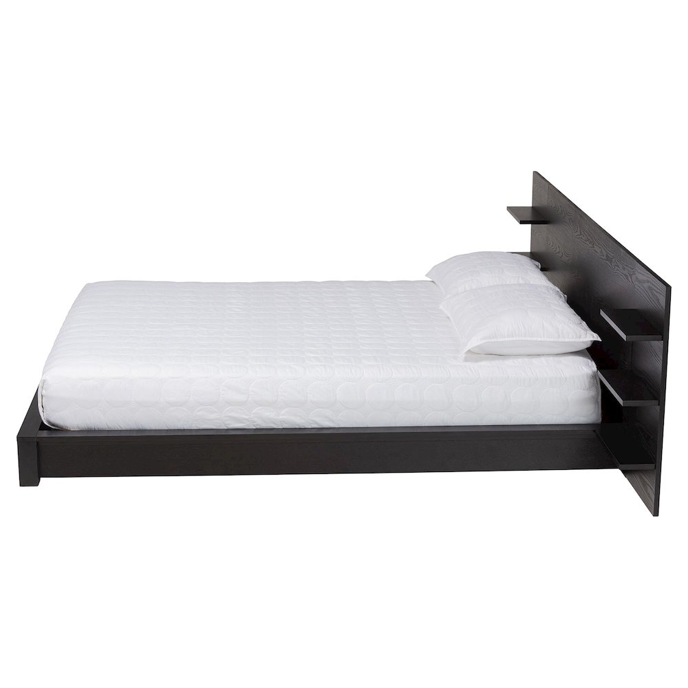 Elina Modern Ebony Black Wood Queen Size Platform Bed with Built-In Shelves. Picture 2