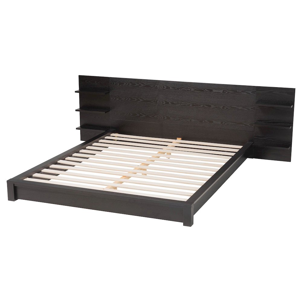 Elina Modern Ebony Black Wood Queen Size Platform Bed with Built-In Shelves. Picture 3