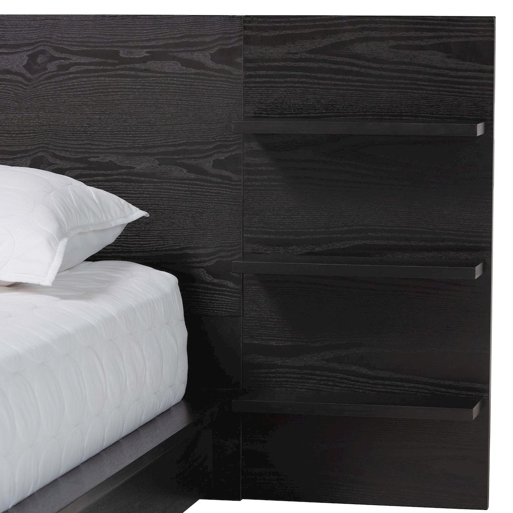 Elina Modern Ebony Black Wood Queen Size Platform Bed with Built-In Shelves. Picture 4