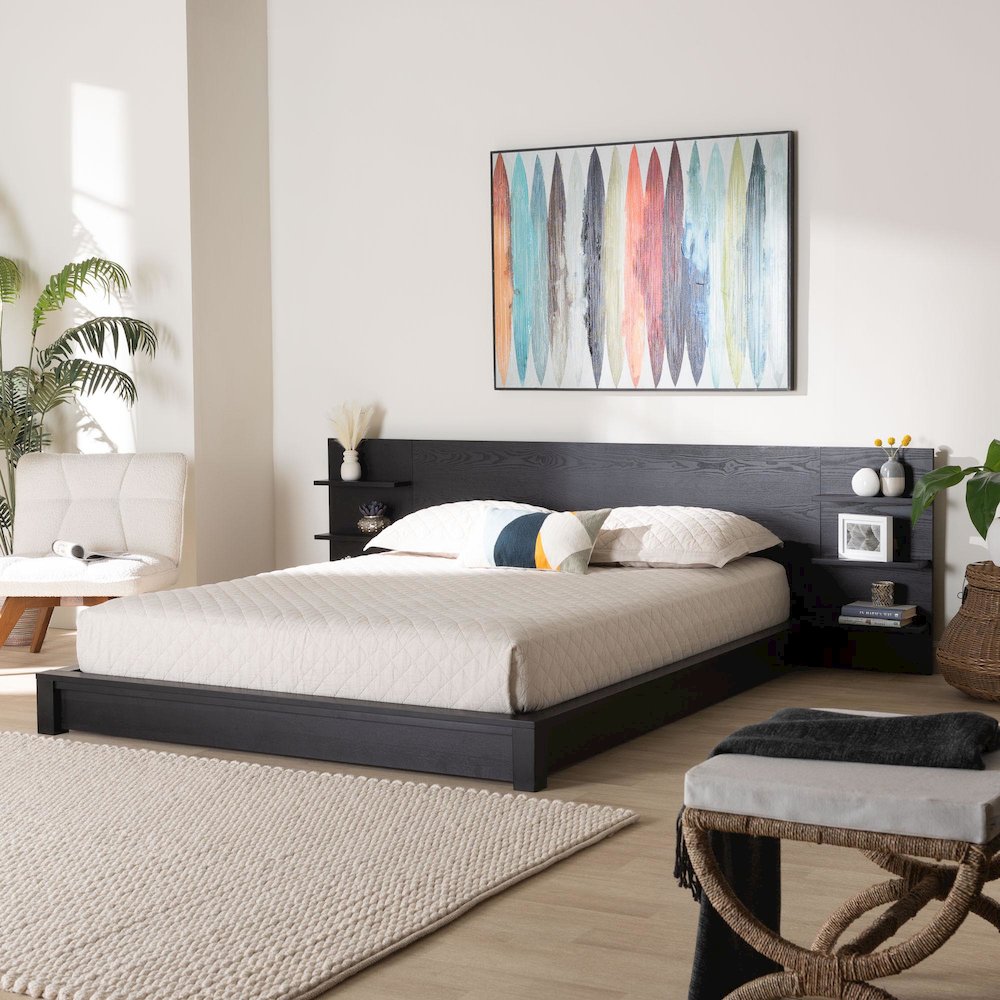 Elina Modern Ebony Black Wood Queen Size Platform Bed with Built-In Shelves. Picture 7