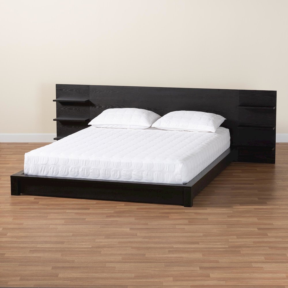 Elina Modern Ebony Black Wood Queen Size Platform Bed with Built-In Shelves. Picture 8