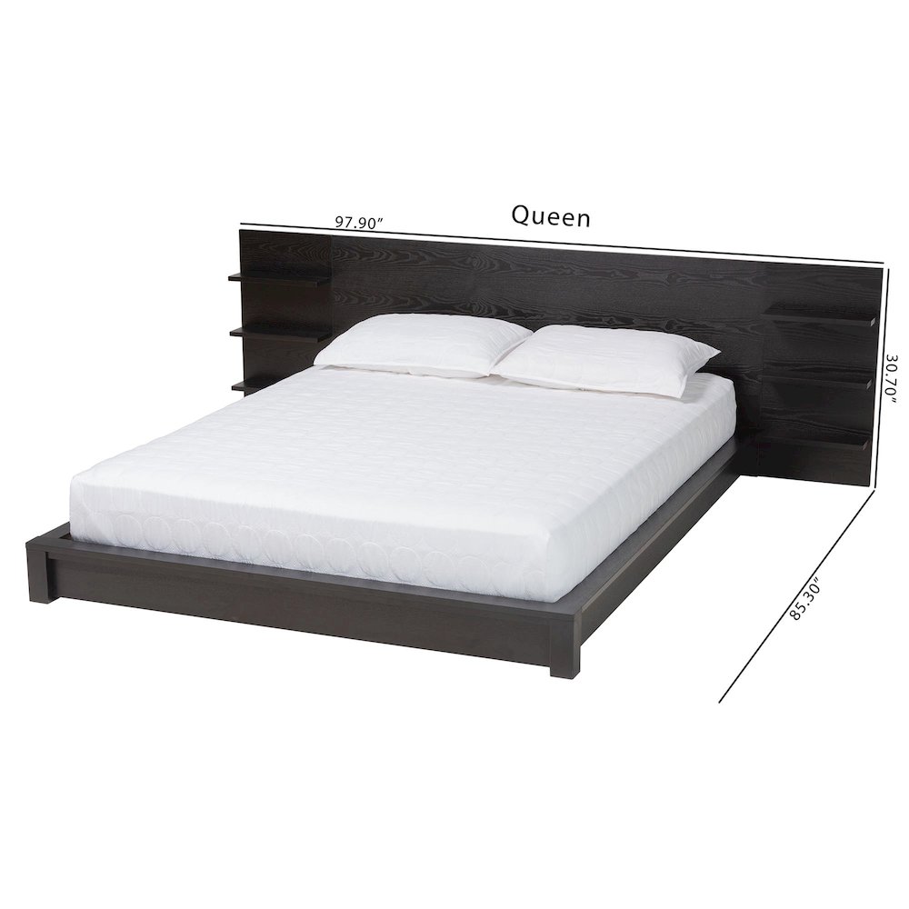Elina Modern Ebony Black Wood Queen Size Platform Bed with Built-In Shelves. Picture 9