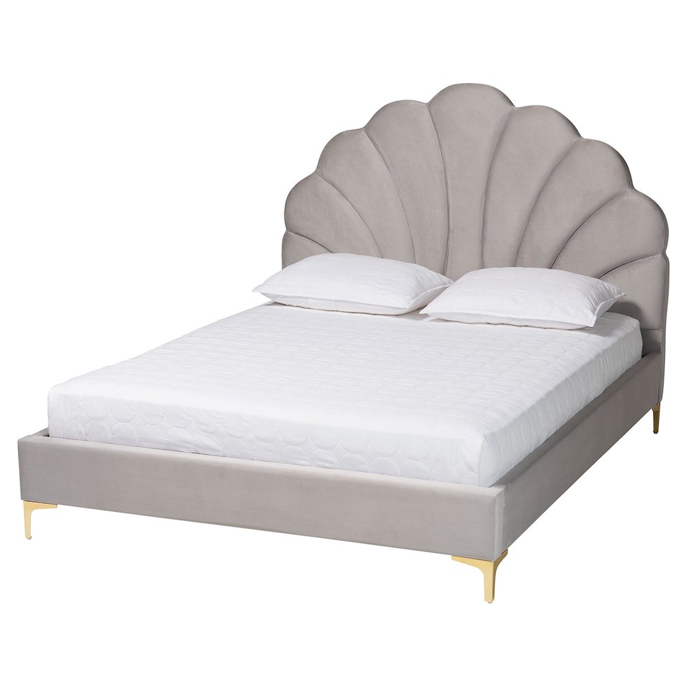 Glam and Luxe Light Grey Velvet Seashell-Headboard Queen Size Platform Bed. Picture 1