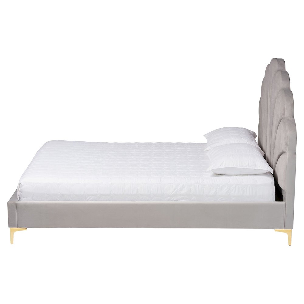 Glam and Luxe Light Grey Velvet Seashell-Headboard Queen Size Platform Bed. Picture 2
