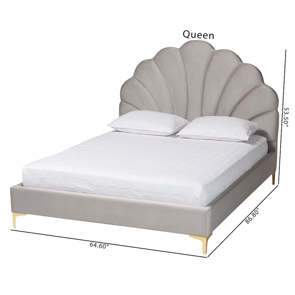 Glam and Luxe Light Grey Velvet Seashell-Headboard Queen Size Platform Bed. Picture 9